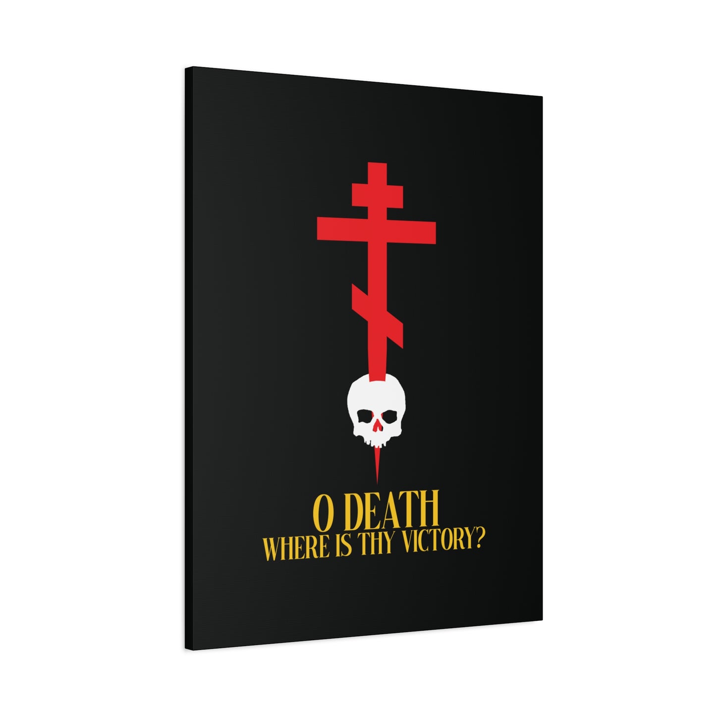 O Death Where is Thy Victory? (1 Corinthians 15:55) | Cross Stabbing Skull | Yellow Text | Orthodox Christian Canvas Art