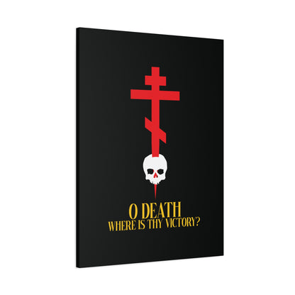O Death Where is Thy Victory? (1 Corinthians 15:55) | Cross Stabbing Skull | Yellow Text | Orthodox Christian Canvas Art