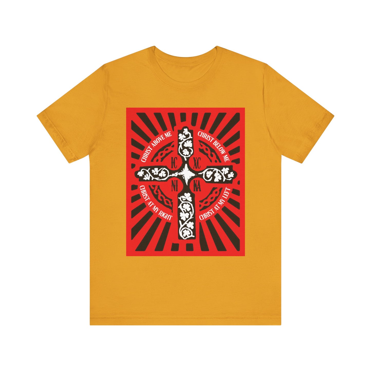 Mustard-colored Red ICXC NIKA Enniskillen Celtic Cross tee, featuring a striking red, black, and white cross with intricate details and bold radiating rays, inspired by the Lorica of St. Patrick (Shield Prayer) and the empowering spirit of Orthodox Christian tradition.