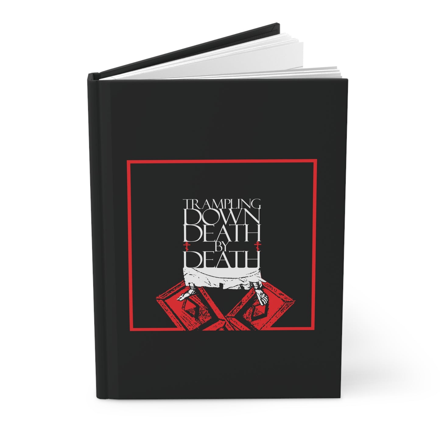 Black hardcover Orthodox Christian blank journal titled "Trampling Down Death By Death," featuring iconographic Jesus' feet on the Gates of Hades, symbolizing victory over death and resurrection. Perfect for Pascha reflections.