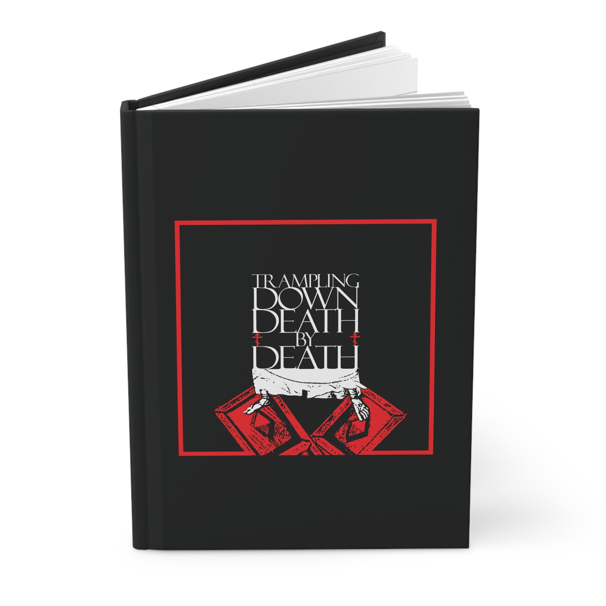 Black hardcover Orthodox Christian blank journal titled "Trampling Down Death By Death," featuring iconographic Jesus' feet on the Gates of Hades, symbolizing victory over death and resurrection. Perfect for Pascha reflections.