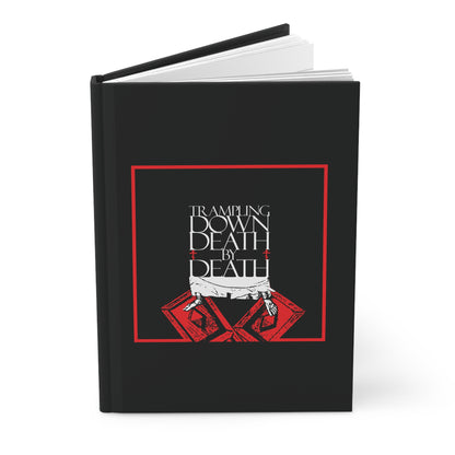 Black hardcover Orthodox Christian blank journal titled "Trampling Down Death By Death," featuring iconographic Jesus' feet on the Gates of Hades, symbolizing victory over death and resurrection. Perfect for Pascha reflections.