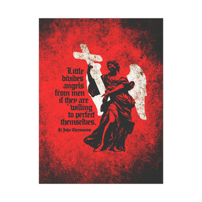 A textured cemetery angel holds a cross with "Looking unto Jesus" on a red background. Inspired by St John Chrysostom, this Orthodox Christian art poster is titled "Little Divides Angels from Men | Christian Perfection.