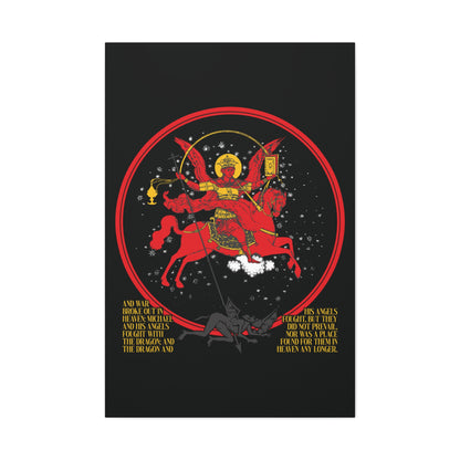 The "Archangel Michael of the Apocalypse Icono-Graphic" Christian canvas art shows red-armored Michael on horseback battling a black dragon (Satan), with gold text and stars, inspired by Revelation 12:7-9, War in Heaven.