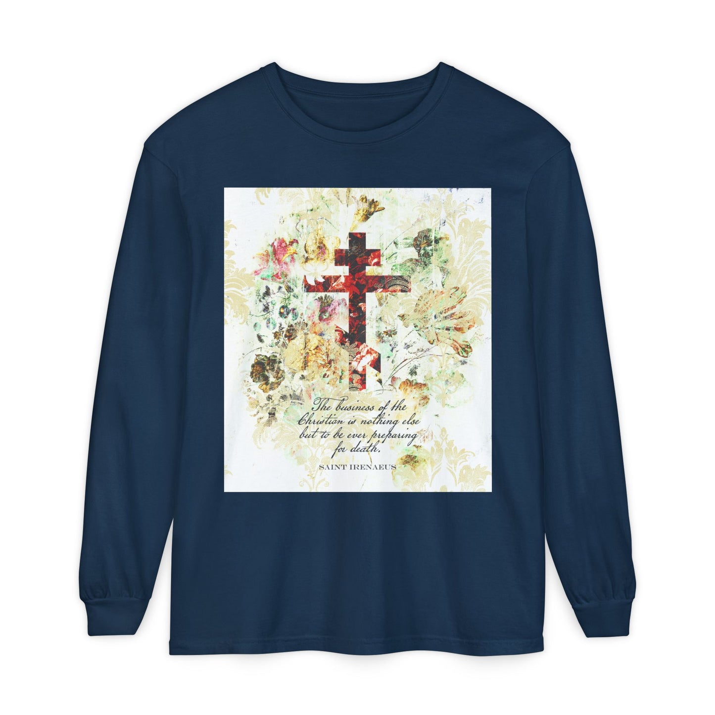 Preparing For Death | White & Beige Floral Scrapbook Texture Cross | Arts & Crafts Style | St Irenaeus | Orthodox Christian Long Sleeve Shirt