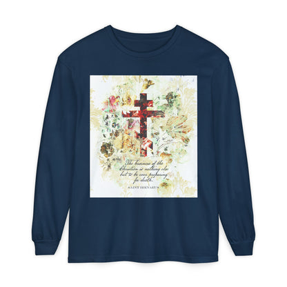 Preparing For Death | White & Beige Floral Scrapbook Texture Cross | Arts & Crafts Style | St Irenaeus | Orthodox Christian Long Sleeve Shirt