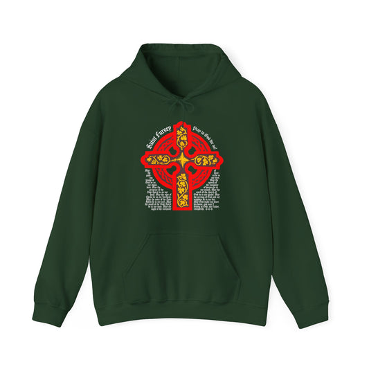 Forest green “Lorica Shield Prayer of St Fursey” hoodie featuring a bold red & yellow Celtic cross with white text, inspired by prayers from the Ancient Celtic Church for unique Orthodox Christian style.