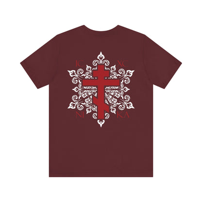 Custom order maroon lightweight cotton unisex t-shirt featuring a red Orthodox cross on the front left breast and an ornate white medieval floral ICXC NIKA cross design with Greek letters in white and red on the back.