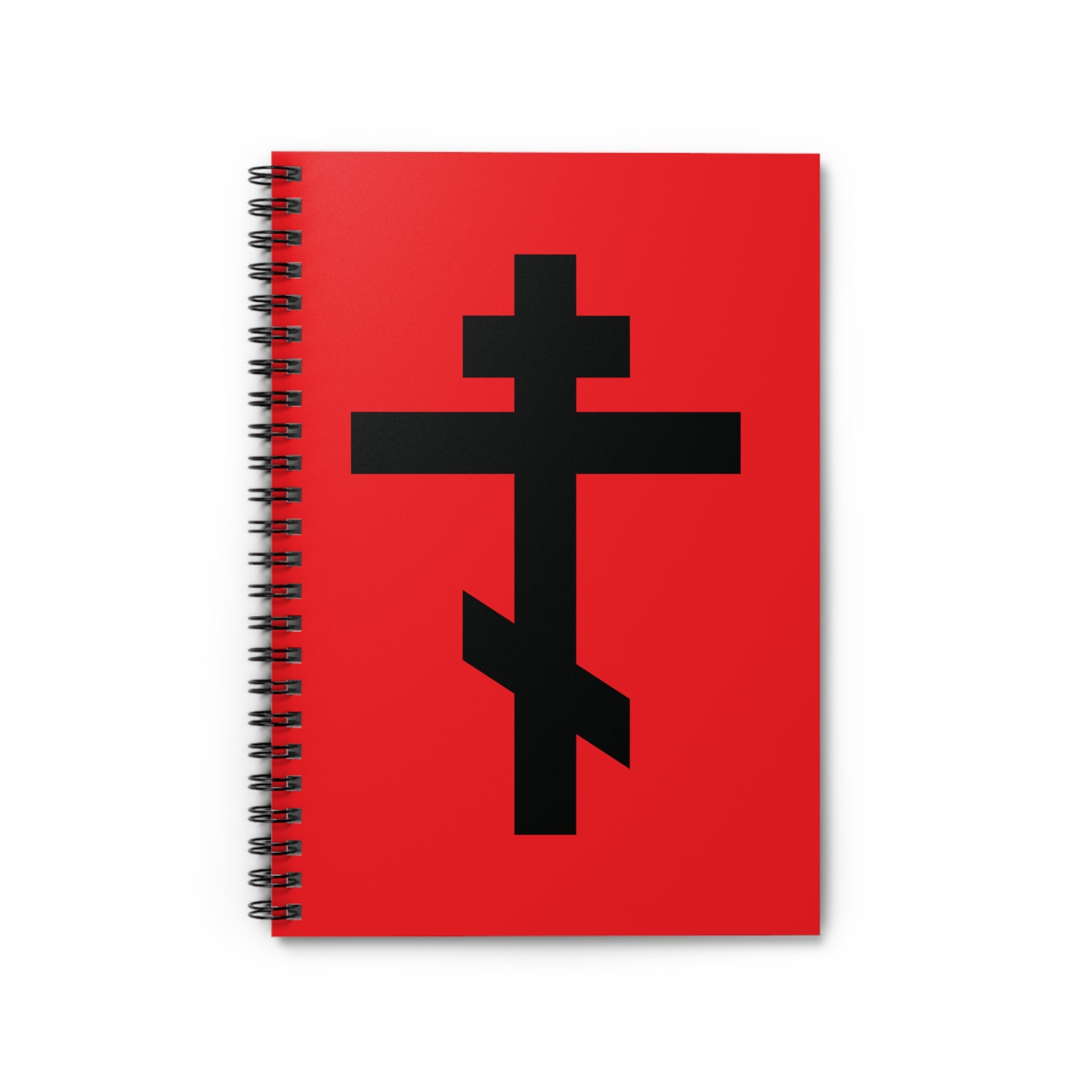 Black Orthodox Cross Red Background Spiral Notebook, featuring Galatians 6:14: "May I never boast, except in the cross of our Lord Jesus Christ." Orthodox design on a vibrant red cover.