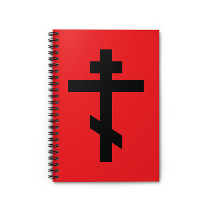 Black Orthodox Cross Red Background Spiral Notebook, featuring Galatians 6:14: "May I never boast, except in the cross of our Lord Jesus Christ." Orthodox design on a vibrant red cover.