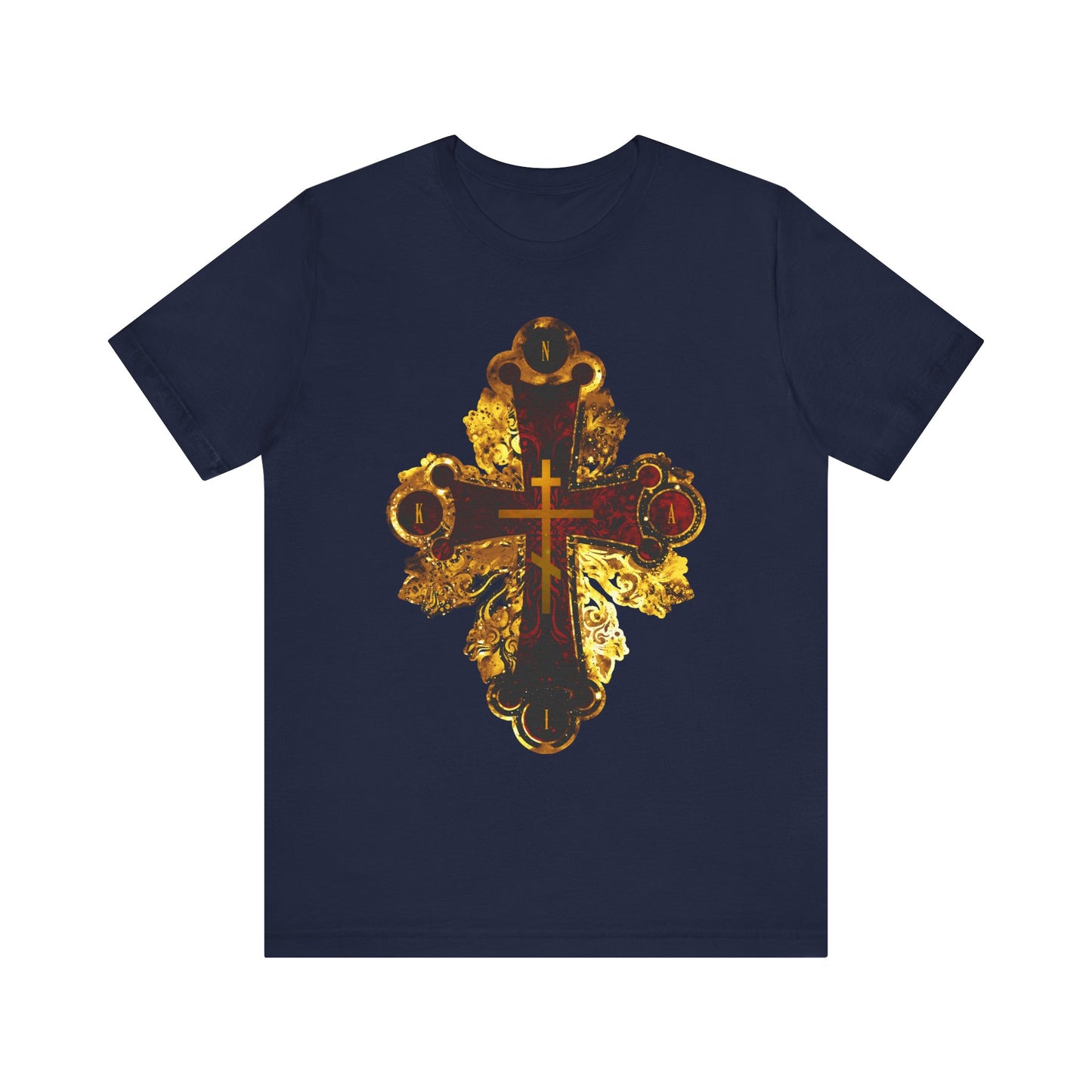 Navy lightweight cotton unisex t-shirt featuring an ornate metallic style Orthodox NIKA Cross in red and gold textures, inspired by the tradition of the Tone 3 Tuesday Matins Sessional Hymn.