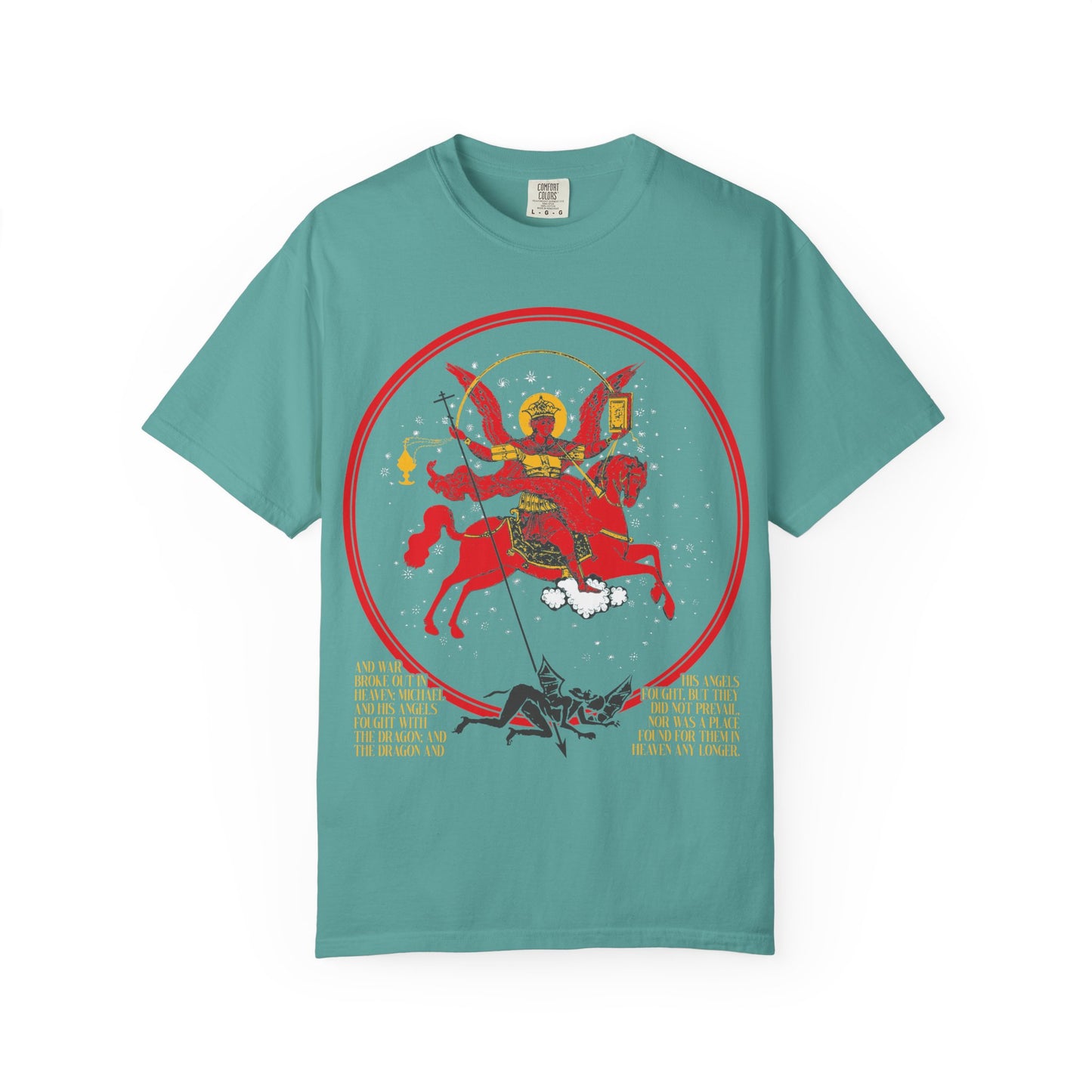 Archangel Michael of the Apocalypse Icono-Graphic | War in Heaven (Rev 12:7-9) | Satan Cast Out | Heavyweight Cotton Unisex T-Shirt