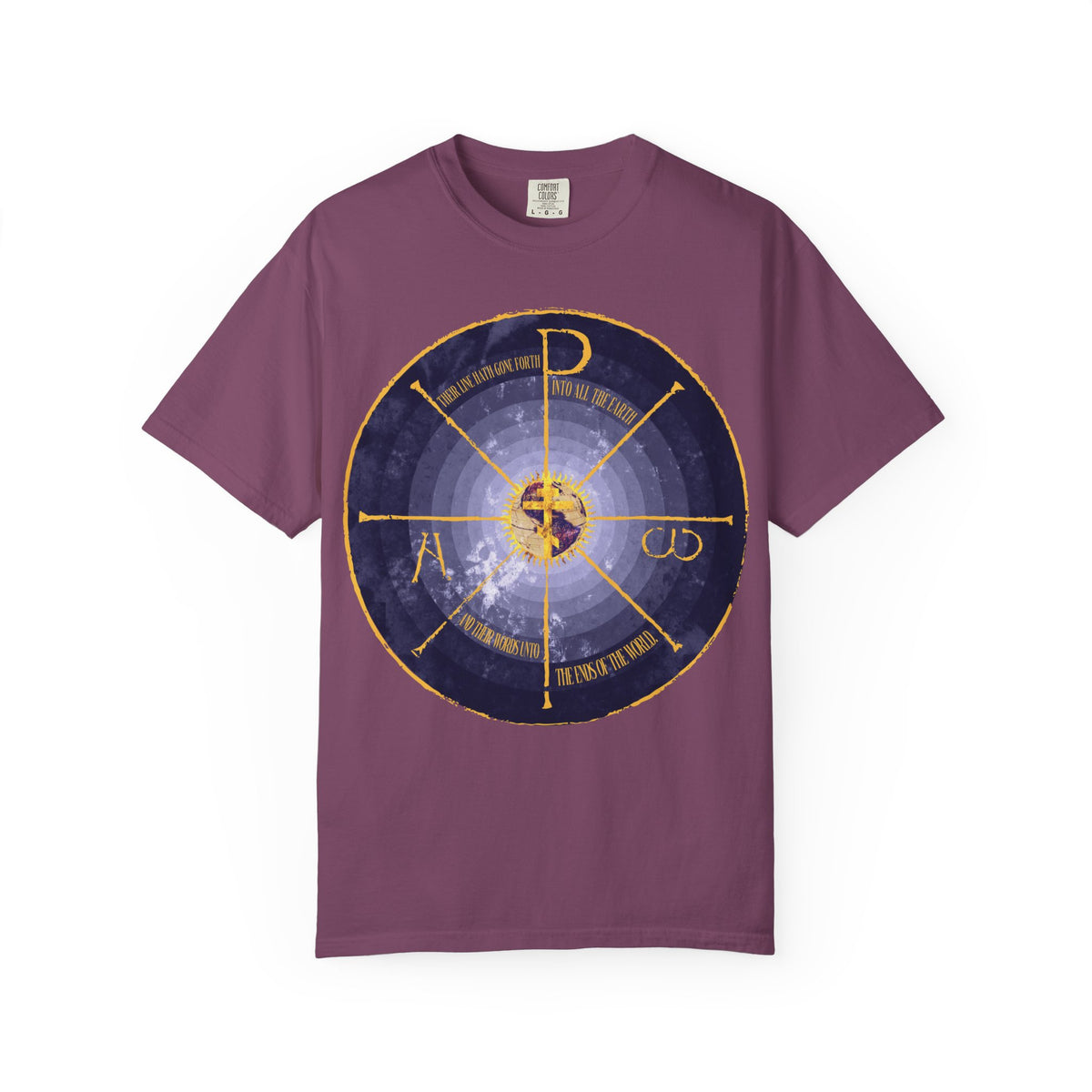 Berry unisex heavyweight cotton tee featuring a medieval-style graphic with a geocentric cross and Chi Rho at the center, accented by blue and yellow tones and incorporating subtle Alpha and Omega symbols into the intricate Orthodox Christian design.