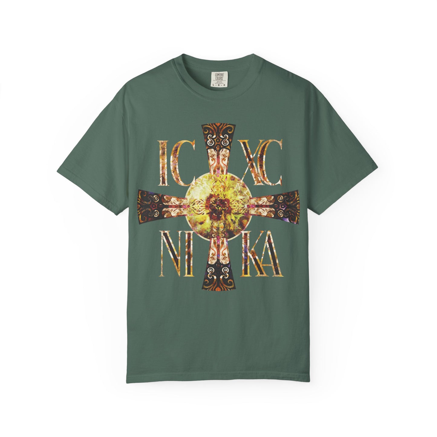Blue Spruce t-shirt featuring a large, ornate ICXC NIKA Celtic-style equal-armed Cross with gold symbols and a bright solar-inspired circular pattern at the center, crafted from heavyweight cotton for a unisex fit.