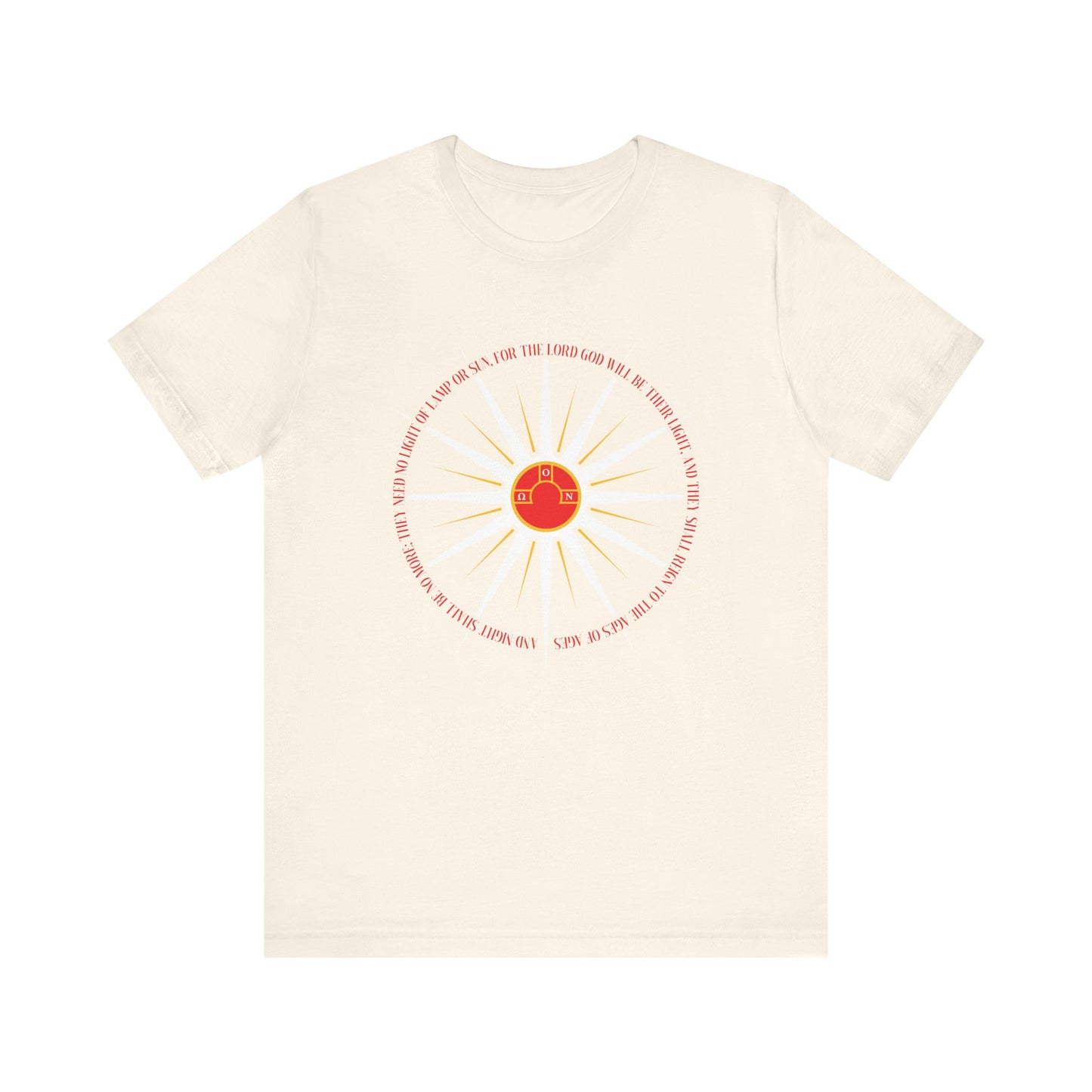 Natural cotton t-shirt featuring blazing sun rays and red text circling a yellow church, inspired by Rev. 22:5 and the Second Coming; an Orthodox Christian design themed on our heavenly homeland.