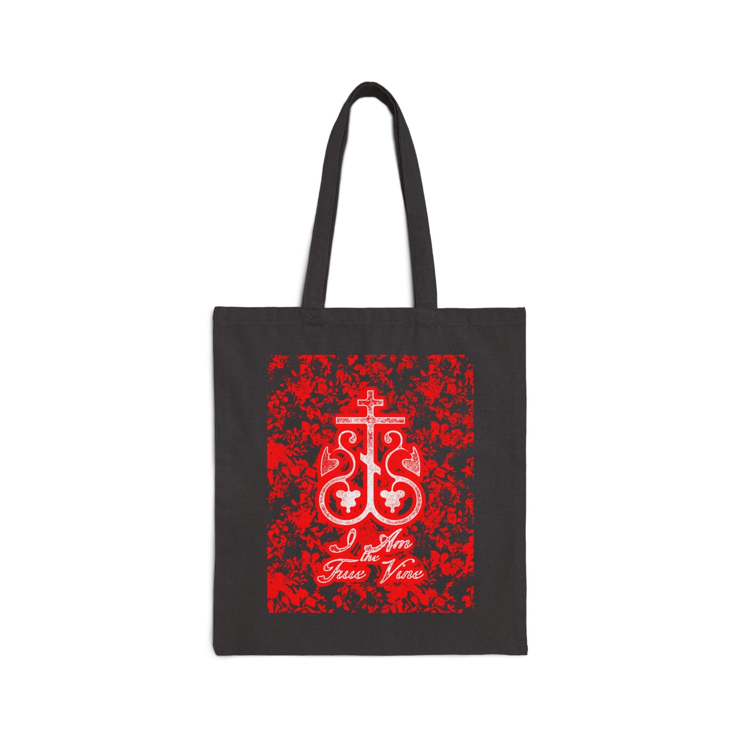 I Am the True Vine (John 15:1) | Orthodox Cross Vine Monogram | Red and Black Floral Design | Orthodox Christian Cotton Canvas Tote Bag