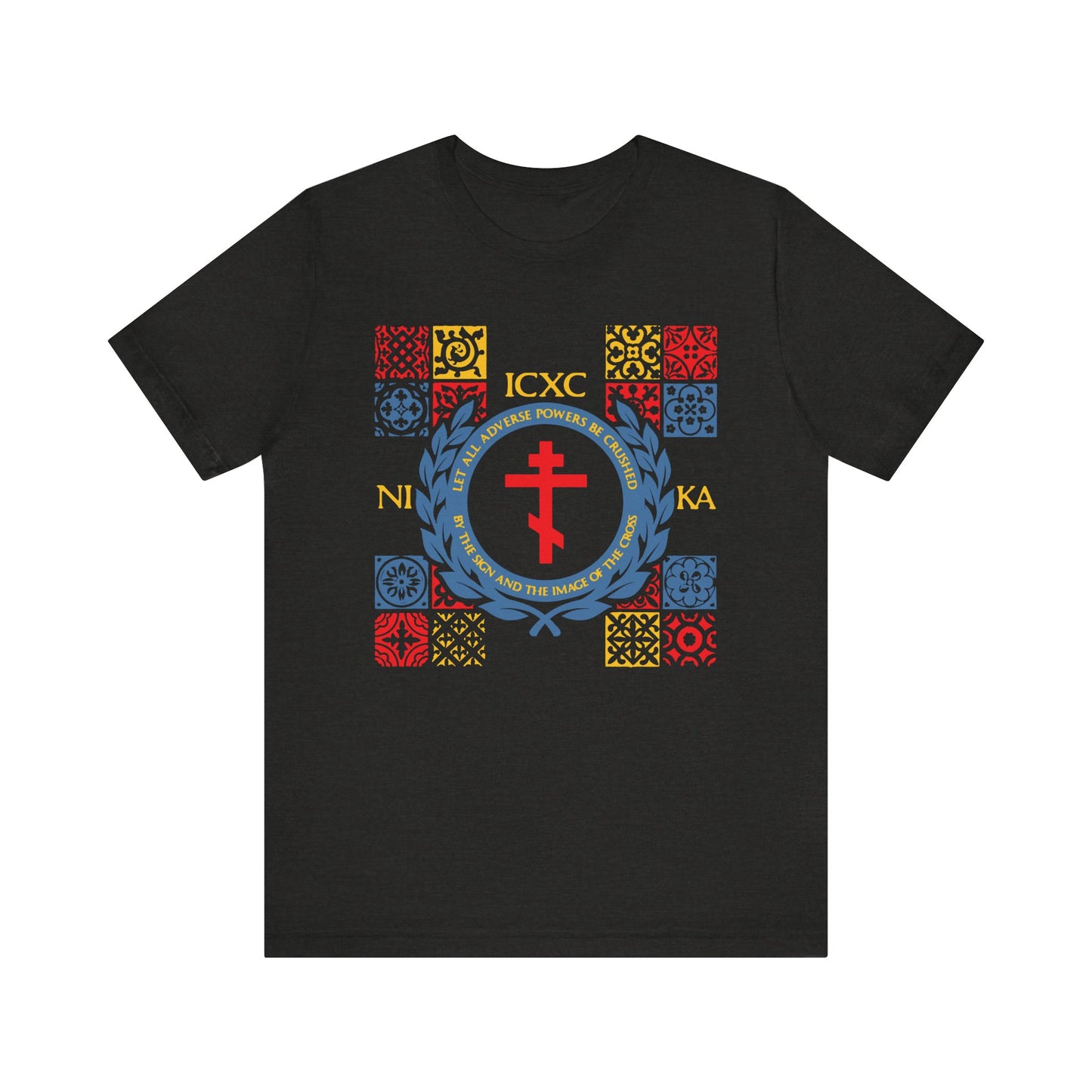 Black Heather t-shirt featuring the “Let All Adverse Powers Be Crushed” design in red, yellow, and blue ICXC NIKA medieval tile style with Greek text inspired by the Katavasia of the Cross. Lightweight cotton unisex fit.