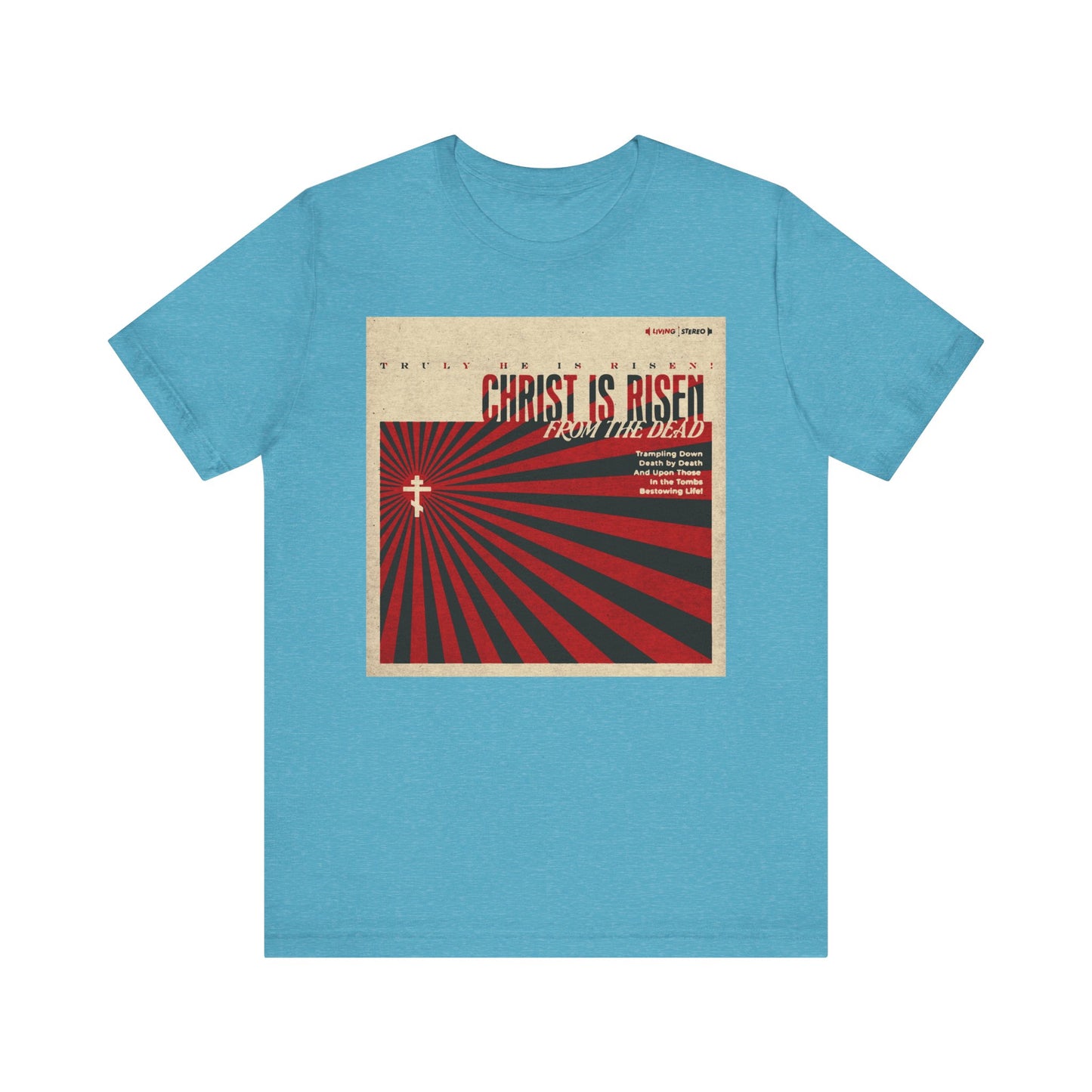 Heather Aqua unisex tee with retro LP cover design featuring “Christ is Risen from the Dead” Paschal Troparion, a cross, and bold rays—celebrating Christ’s resurrection and victory over death. Lightweight cotton, Orthodox Christian.