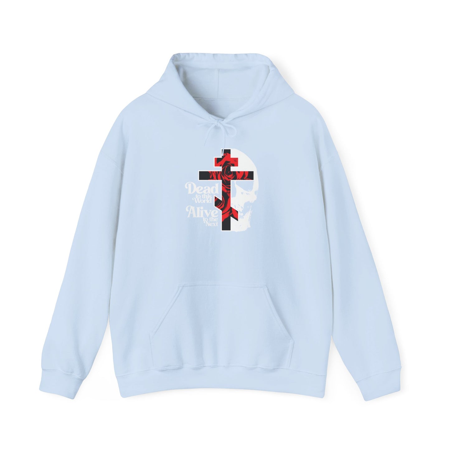 Light blue "Dead to this World" Orthodox Christian hoodie with a flower cross, skull, and bold 70s-style typography—a bestselling statement piece inspired by spiritual transformation and The Ladder of Divine Ascent.