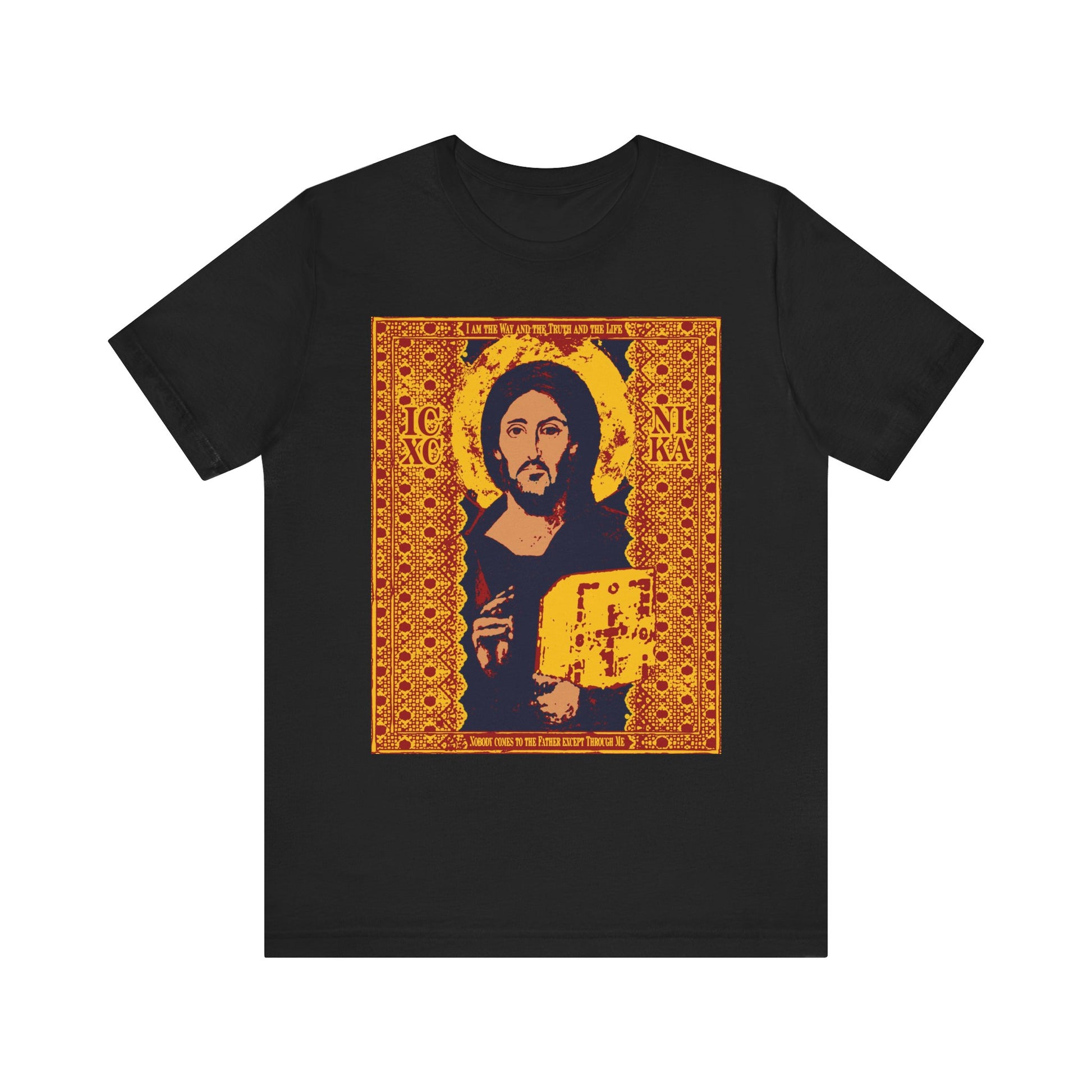 Black Orthodox lightweight cotton unisex tee featuring the Sinai Pantocrator iconographic image of Jesus Christ (ICXC NIKA)—a bearded figure holding a book—framed by ornate patterns and inspired by John 14:6, "I am the Way.