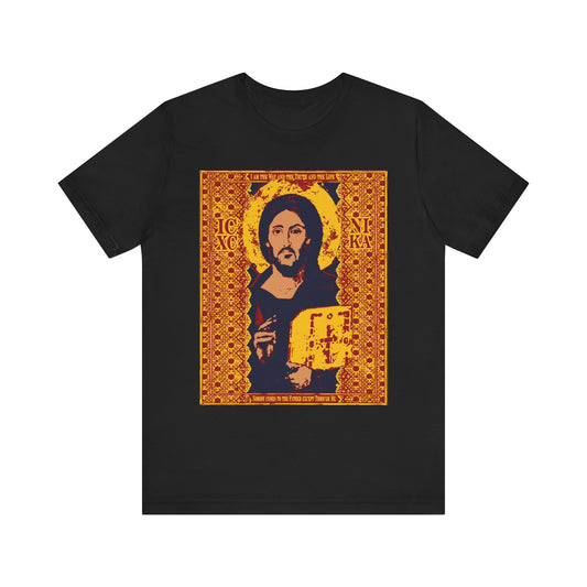 Black Orthodox lightweight cotton unisex tee featuring the Sinai Pantocrator iconographic image of Jesus Christ (ICXC NIKA)—a bearded figure holding a book—framed by ornate patterns and inspired by John 14:6, "I am the Way.