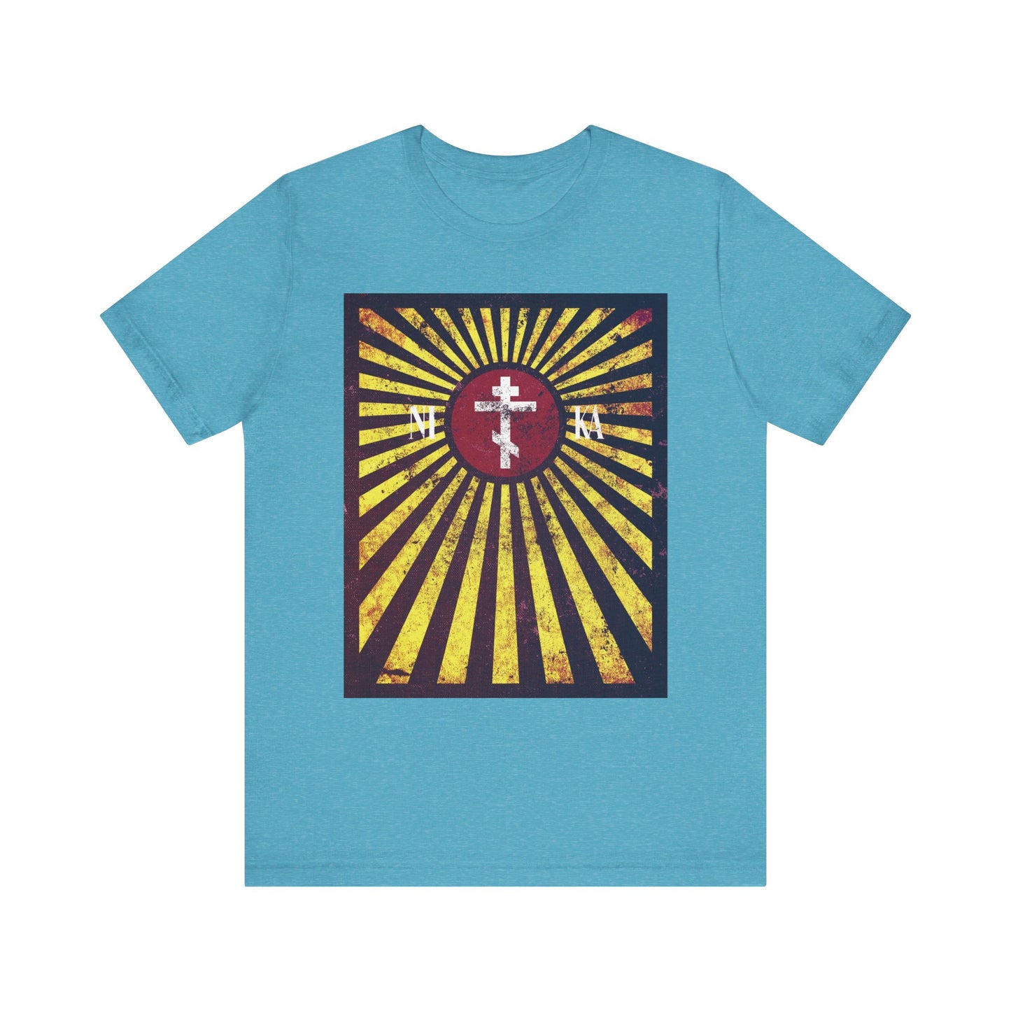 Heather Aqua unisex t-shirt featuring the NIKA Red Rising Sun Cross with golden rays in a distressed, textured flag design. The central red circle and cross symbolize the journey we all undertake, while white symbols on either side evoke spiritual themes inspired by St Paisios of Mount Athos and the Ladder to Heaven—an expression of Orthodox Christian faith. Made from lightweight cotton for comfort.