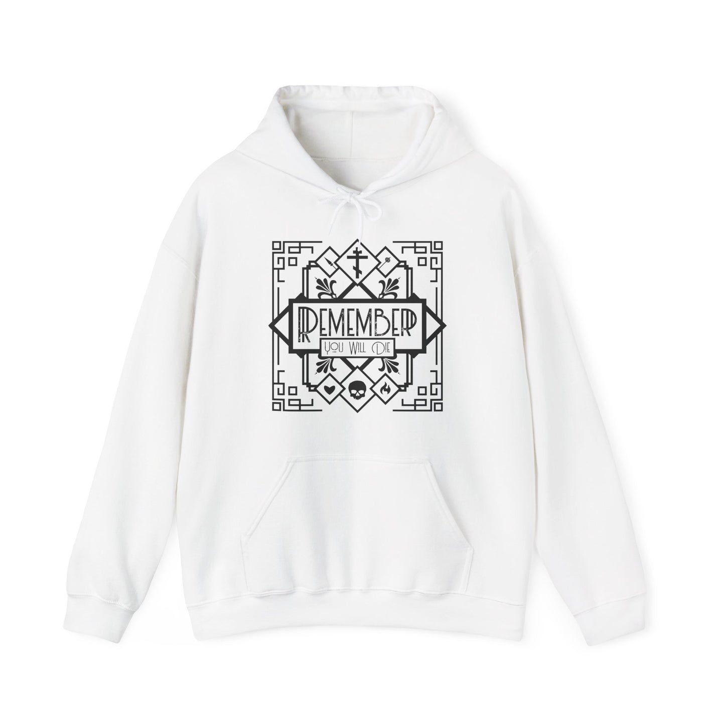 White hoodie featuring an Art Deco black and white line art design with a skull, heart, and fire, plus the text "Remember You Will Die"—a memento mori inspired by Orthodox Christian themes.