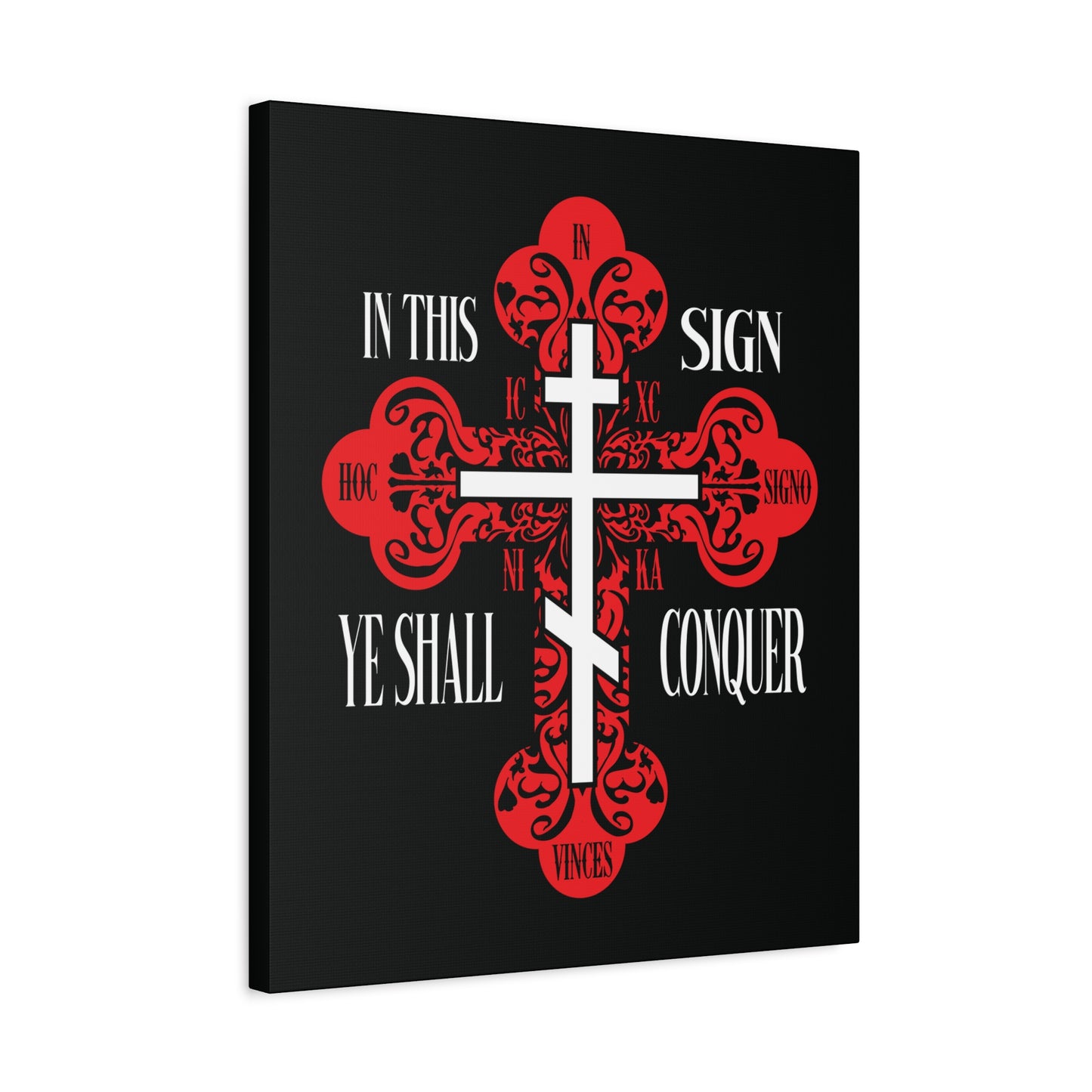 A red ornate Orthodox cross with a white sword and “In This Sign Ye Shall Conquer” (ICXC NIKA), symbolizing spiritual warfare, set on a black background. Perfect Christian wall art: In Hoc Signo Vinces | Jesus Christ Conquers.