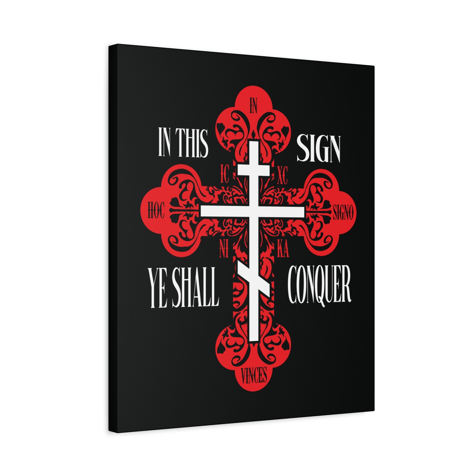 A red ornate Orthodox cross with a white sword and “In This Sign Ye Shall Conquer” (ICXC NIKA), symbolizing spiritual warfare, set on a black background. Perfect Christian wall art: In Hoc Signo Vinces | Jesus Christ Conquers.