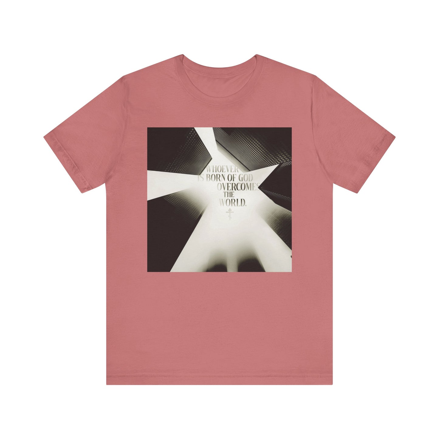 Mauve "Whoever is Born of God Overcomes the World (St John the Theologian)" Orthodox Christian lightweight cotton unisex t-shirt featuring a modern cityscape abstract black and white design and text inspired by 1 John 5:1-4 and the message that Jesus is the Christ.