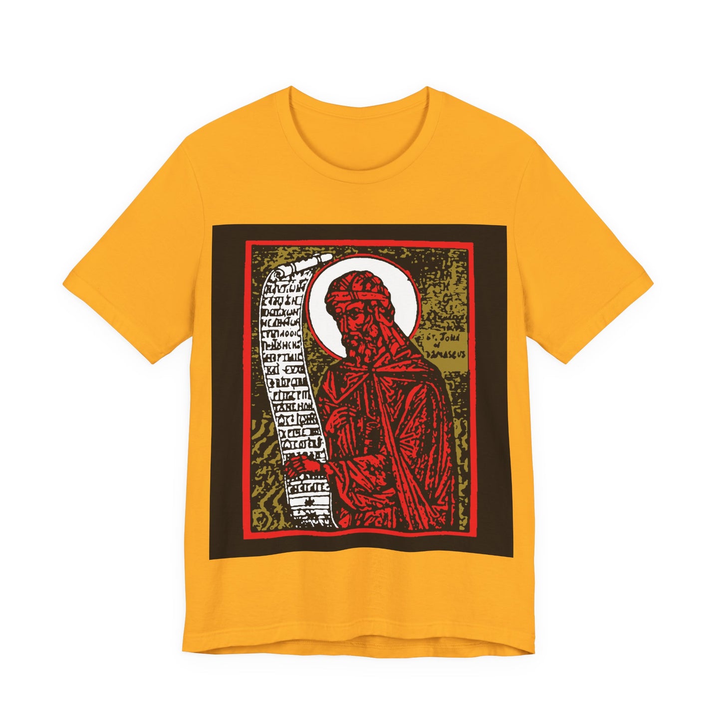 St. John of Damascus Icono-Graphic | Orthodox Christian Saint | Red Gold & Black High Contrast Design | Orthodox Christian Cotton T-Shirt
