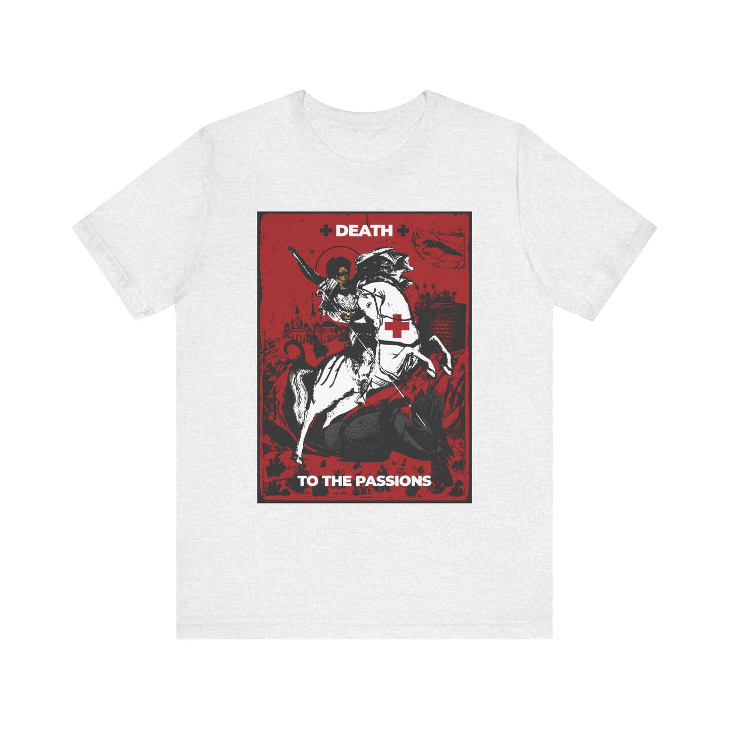 Ash-colored t-shirt featuring striking artwork of St George slaying the dragon, with bold “DEATH TO THE PASSIONS” text on a red background—a powerful message inspired by ascetic Orthodox Christianity and Unseen Warfare. Lightweight cotton unisex design.