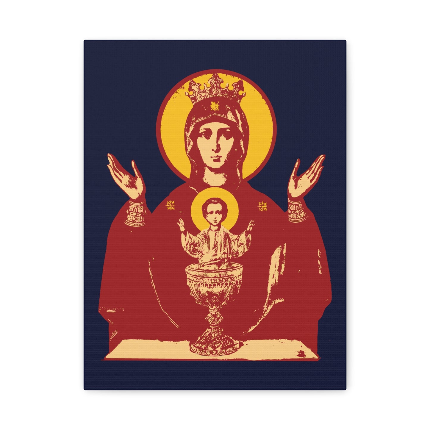 The Holy Theotokos IconoGraphic of the Inexhaustible Chalice features the Mother of God and Child with halos and raised hands, symbolizing deliverance from addictions—Orthodox Christian wall art to conquer passions.