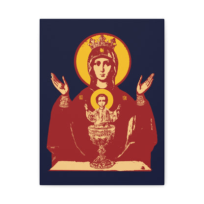 The Holy Theotokos IconoGraphic of the Inexhaustible Chalice features the Mother of God and Child with halos and raised hands, symbolizing deliverance from addictions—Orthodox Christian wall art to conquer passions.