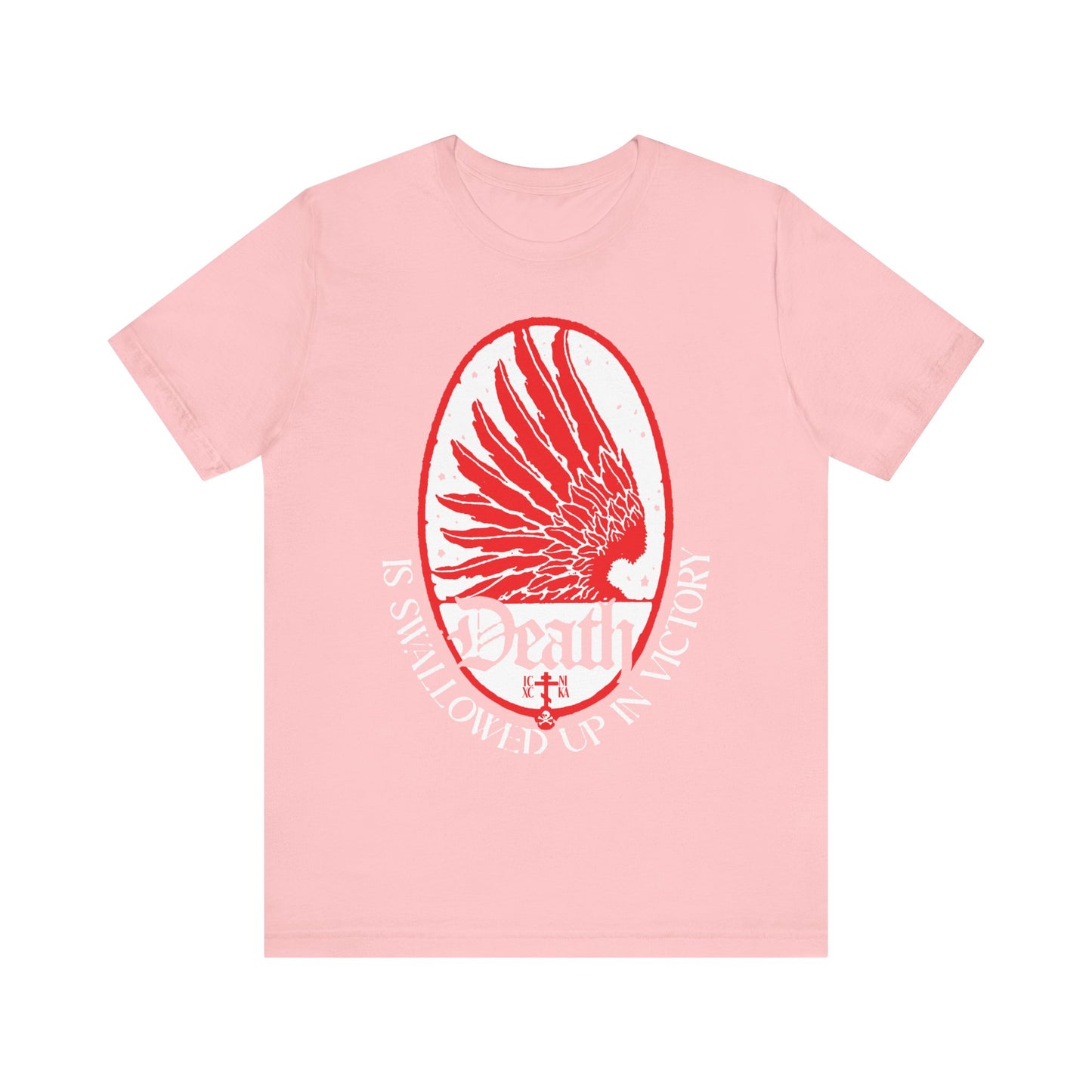 The pink "Death is Swallowed Up In Victory (1 Cor 15:54)" tee features an Art Nouveau eagle wing and stars graphic, symbolizing immortality and freedom from the fear of death. Lightweight cotton, unisex fit.