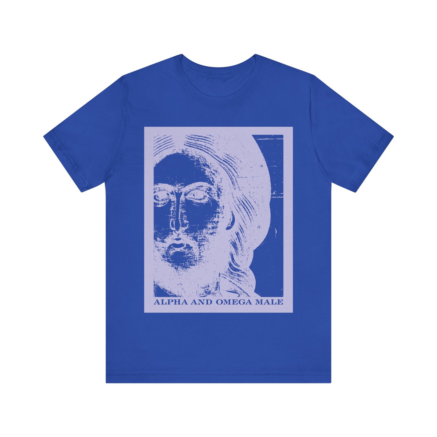 True Royal unisex cotton tee featuring a photonegative Jesus Christ icon with "I am the Beginning & the End (Rev 22)" and "Alpha & Omega Male" text—an Orthodox Christian design inspired by Revelation 22.