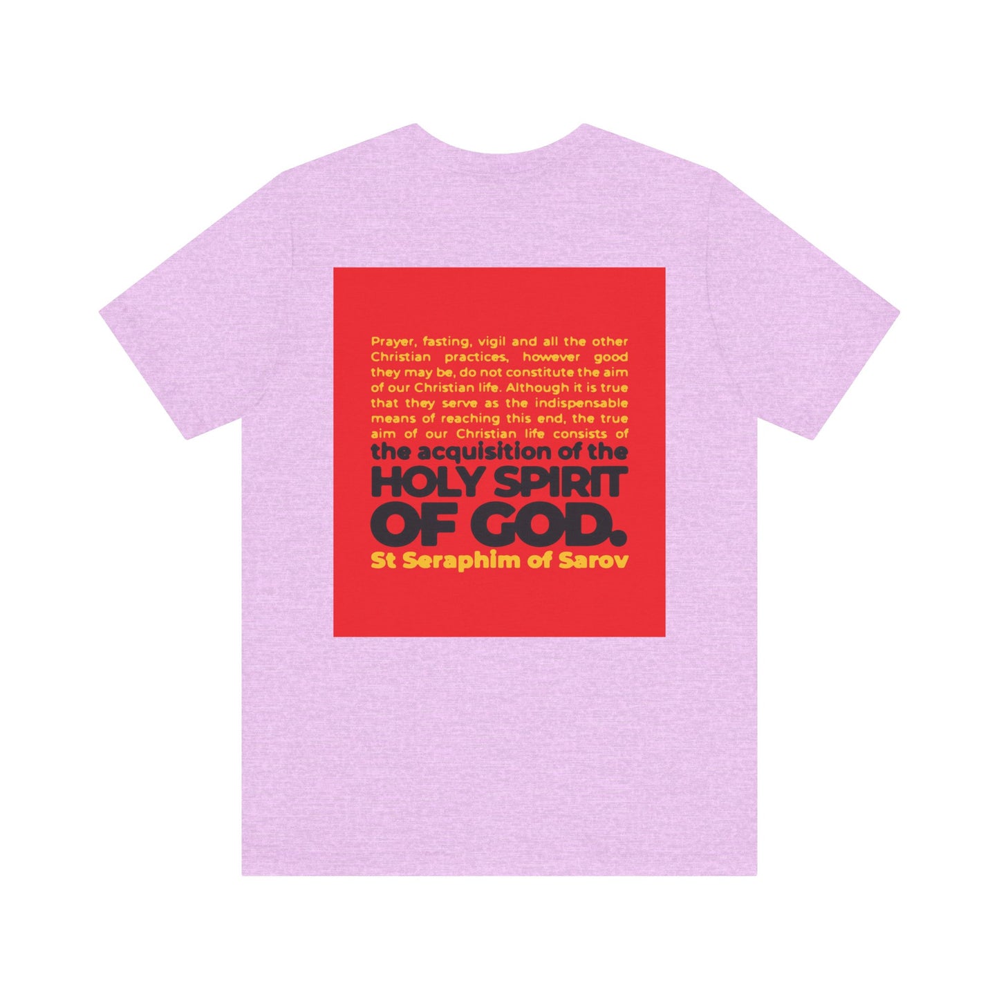 Show your faith with this lightweight unisex tee featuring St Seraphim of Sarov's quote "The True Aim of Christian Life is the Acquisition of the Holy Spirit" in a bold iconographic design. Perfect for Orthodox Christians seeking inspiration.