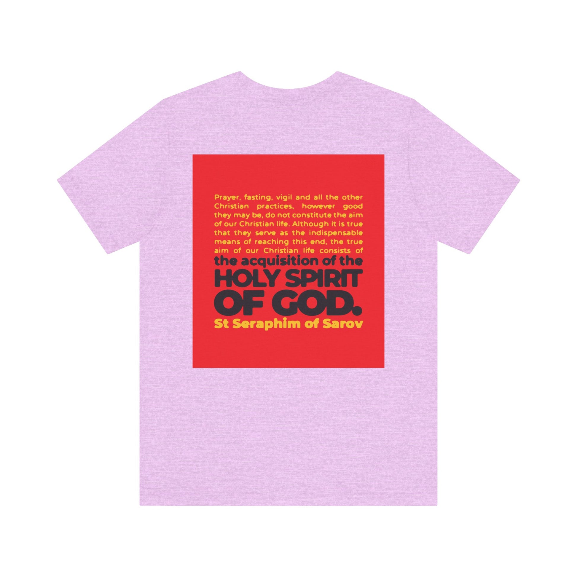 Show your faith with this lightweight unisex tee featuring St Seraphim of Sarov's quote "The True Aim of Christian Life is the Acquisition of the Holy Spirit" in a bold iconographic design. Perfect for Orthodox Christians seeking inspiration.