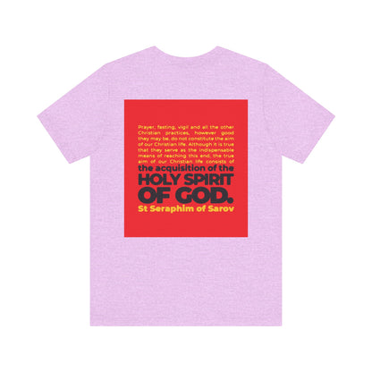 Show your faith with this lightweight unisex tee featuring St Seraphim of Sarov's quote "The True Aim of Christian Life is the Acquisition of the Holy Spirit" in a bold iconographic design. Perfect for Orthodox Christians seeking inspiration.