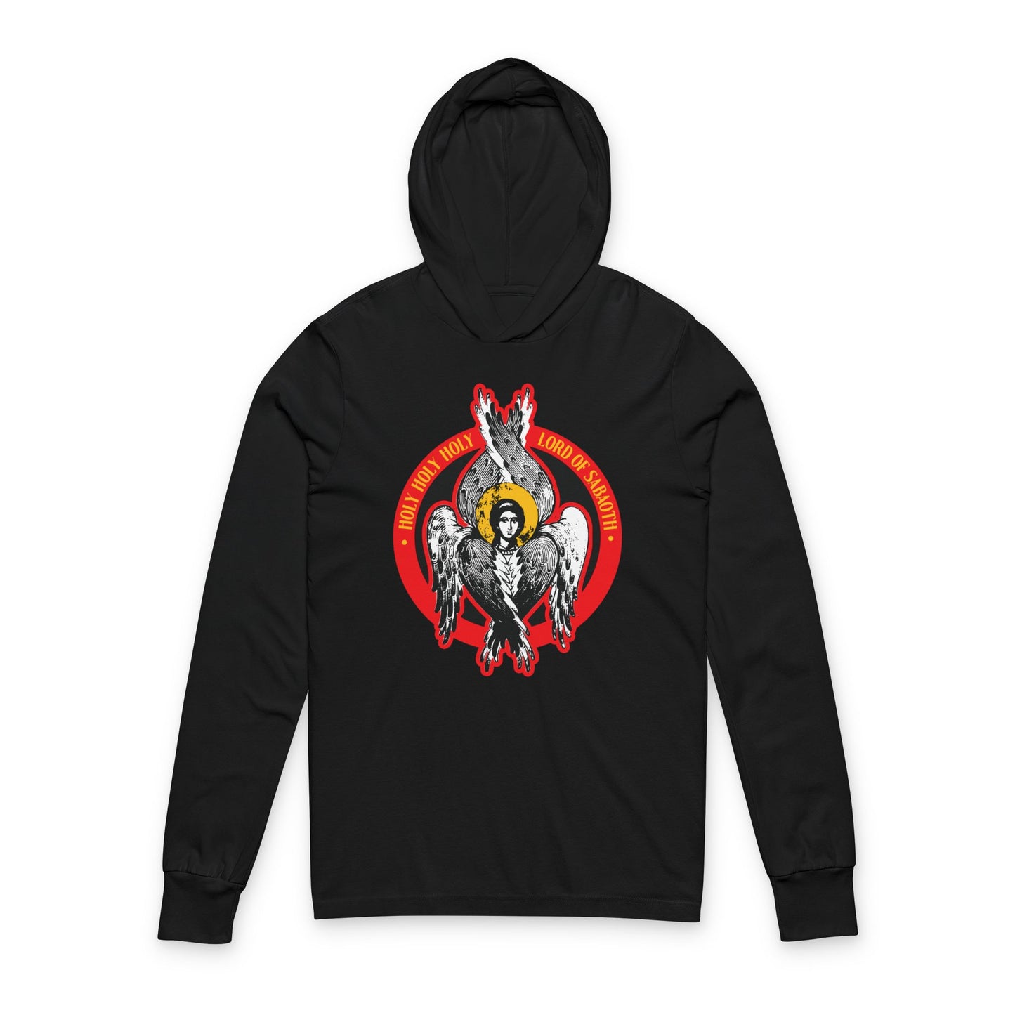 Black hoodie featuring an Orthodox Seraphim angel graphic inspired by Isaiah 6, with glowing wings and halos. "Holy Holy Holy, Lord of Sabaoth" theme. Orthodox Christian hooded shirt from the "Unseen Realm" collection.