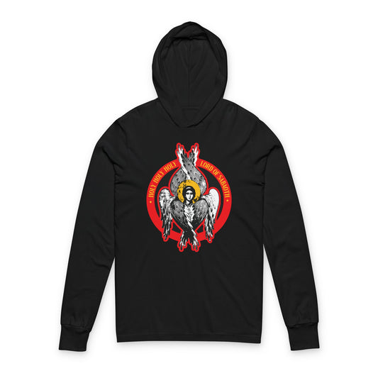 Black hoodie featuring an Orthodox Seraphim angel graphic inspired by Isaiah 6, with glowing wings and halos. "Holy Holy Holy, Lord of Sabaoth" theme. Orthodox Christian hooded shirt from the "Unseen Realm" collection.