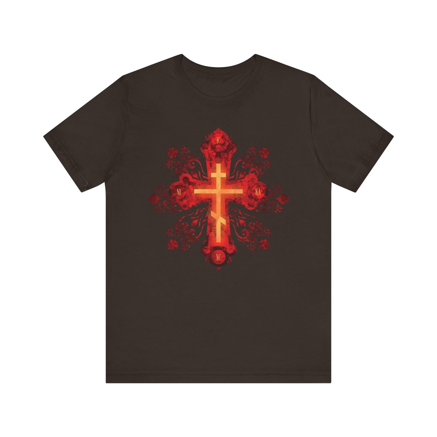 Brown tee featuring a red and gold ornate Russian-style Orthodox cross with the phrase “He was pierced for our transgressions”—a tribute to faith and tradition. Lightweight cotton, unisex fit.