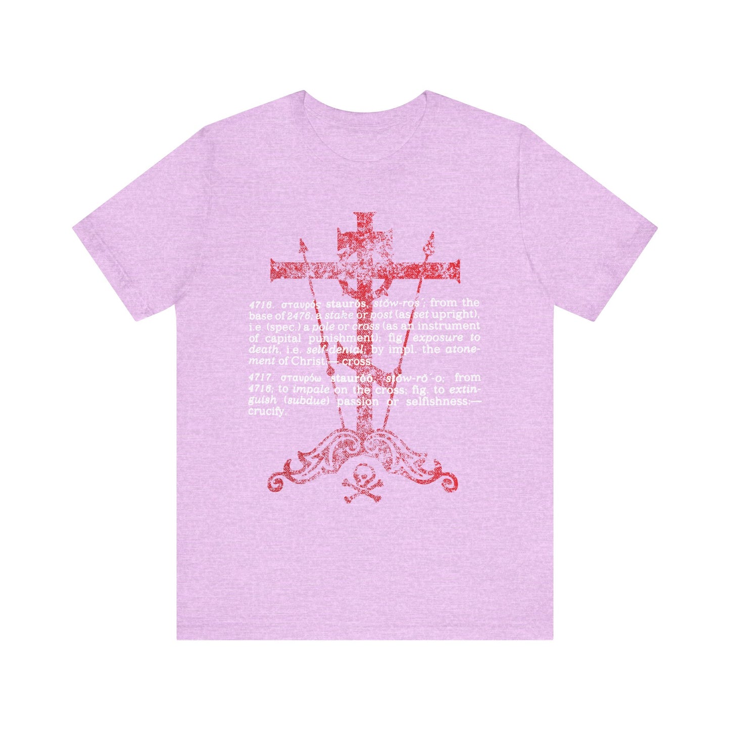 Heather Prism Lilac unisex lightweight cotton t-shirt featuring a distressed red cross and white legal text inspired by Strong's Dictionary definitions and New Testament Greek references, named "Stauros | The Cross: To Extinguish Passion (Greek Definition)" Orthodox Christian T-Shirt.