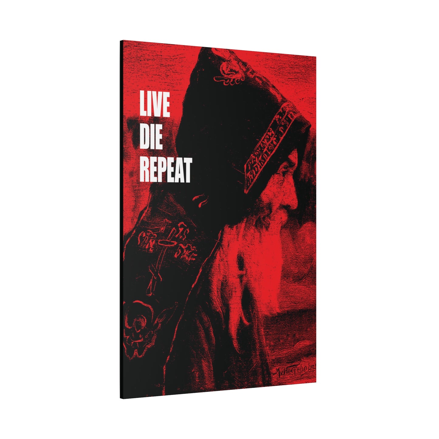 A red-tinted image of St Antony the Great in a hooded robe with the quote: Die Every Day, and You Will Live Forever. Live Die Repeat ("Monk" by Mikhail Nesterov) Orthodox Canvas Wall Art.