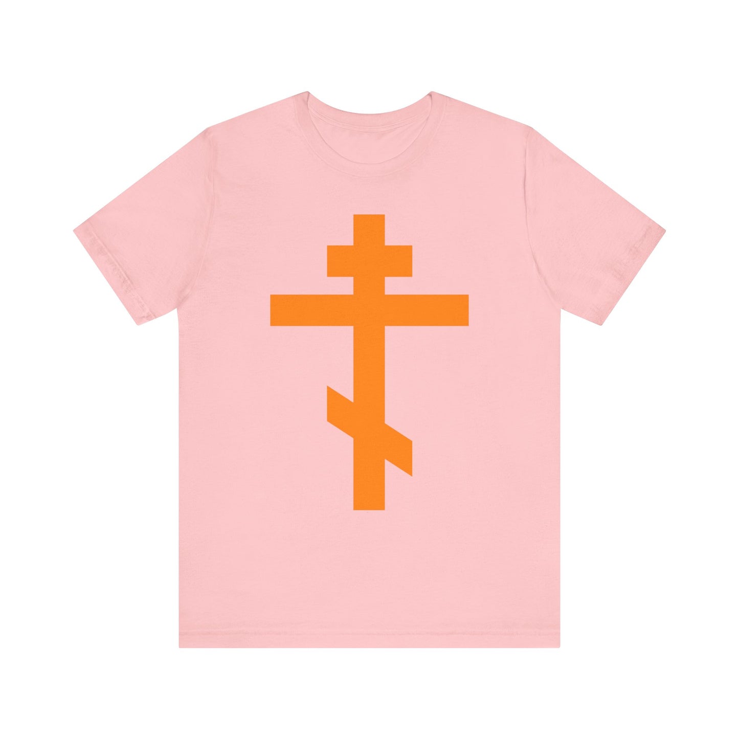 Sure! Here is the rewritten sentence using the provided product data: The Pink "Orange Orthodox Tribar Cross | Preserve Thy People By Thy Cross, O Lord | Christ is King" Christian Lightweight Cotton Unisex Tee features a large orange Russian Orthodox cross in the center, inspired by the Troparion of the Cross and St. John of Kronstadt.