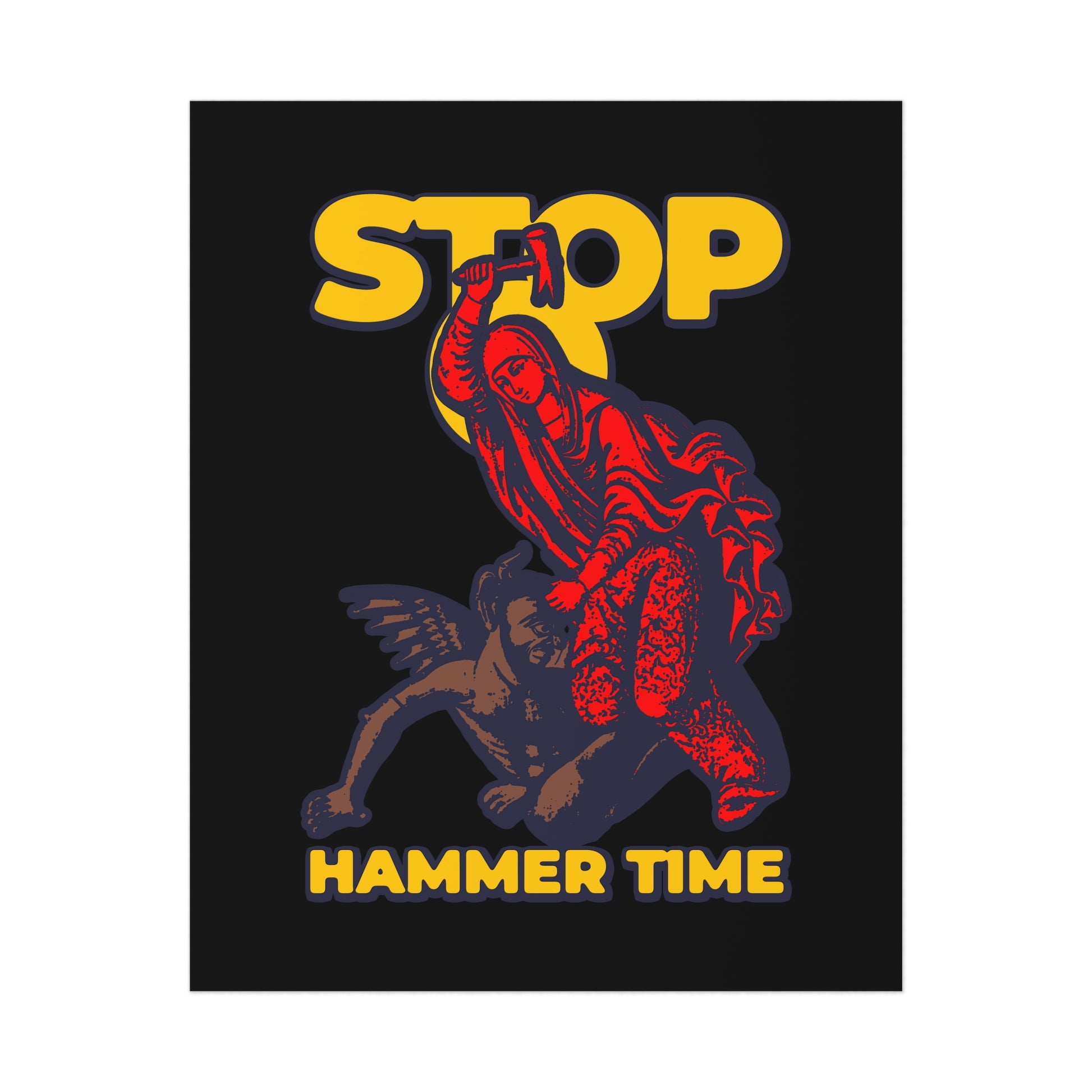 Modern Orthodox meme poster featuring St Marina of Antioch beating the devil with a hammer and the text "Stop, Hammer Time" in red, blue, and yellow on a black background. Christian art inspired by saints’ lives and martyrdom.