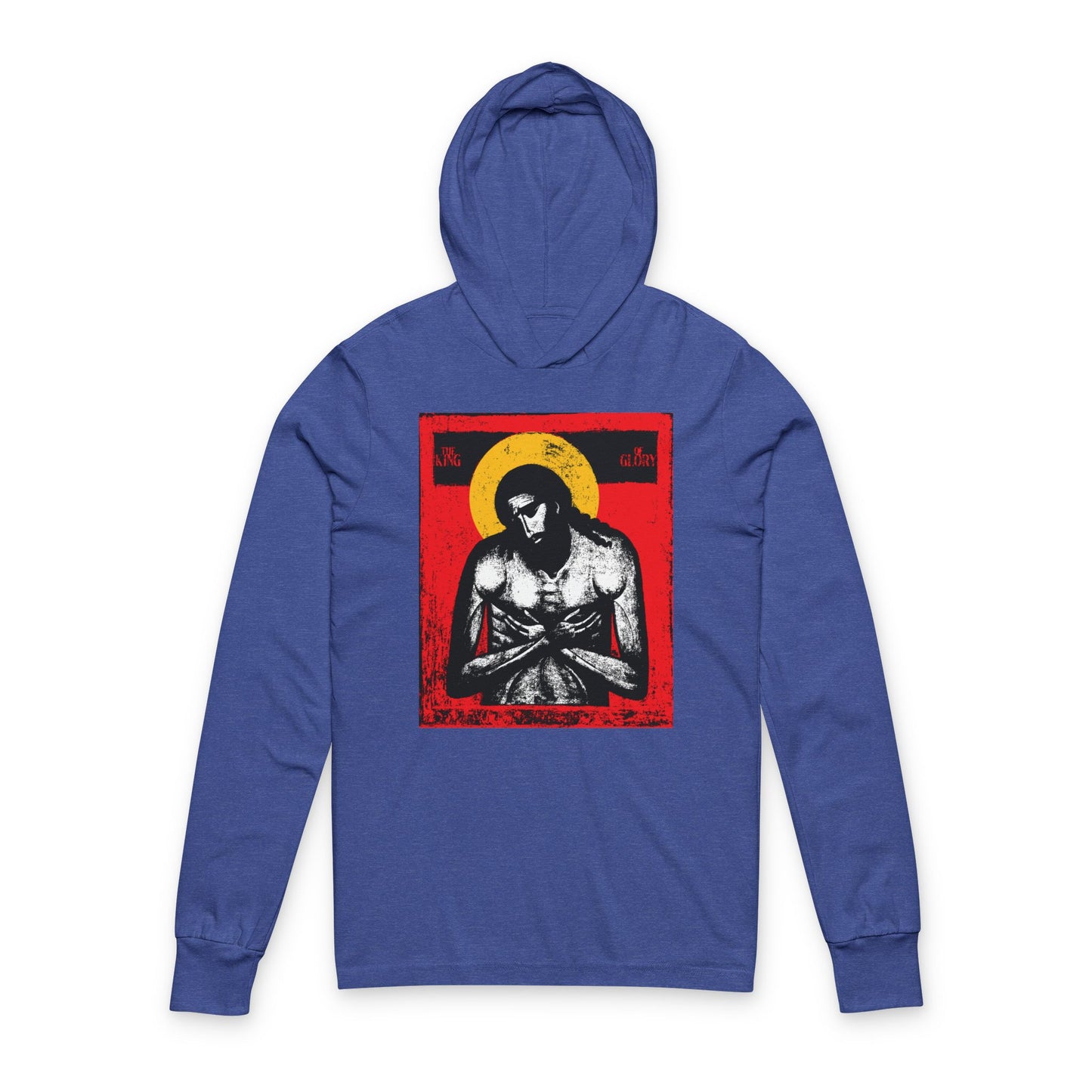 Heather True Royal hoodie featuring "The King of Glory Jesus Christ 'Extreme Humility' IconoGraphic" in red, yellow, white, and black—perfect as a Christian devotional hooded shirt.