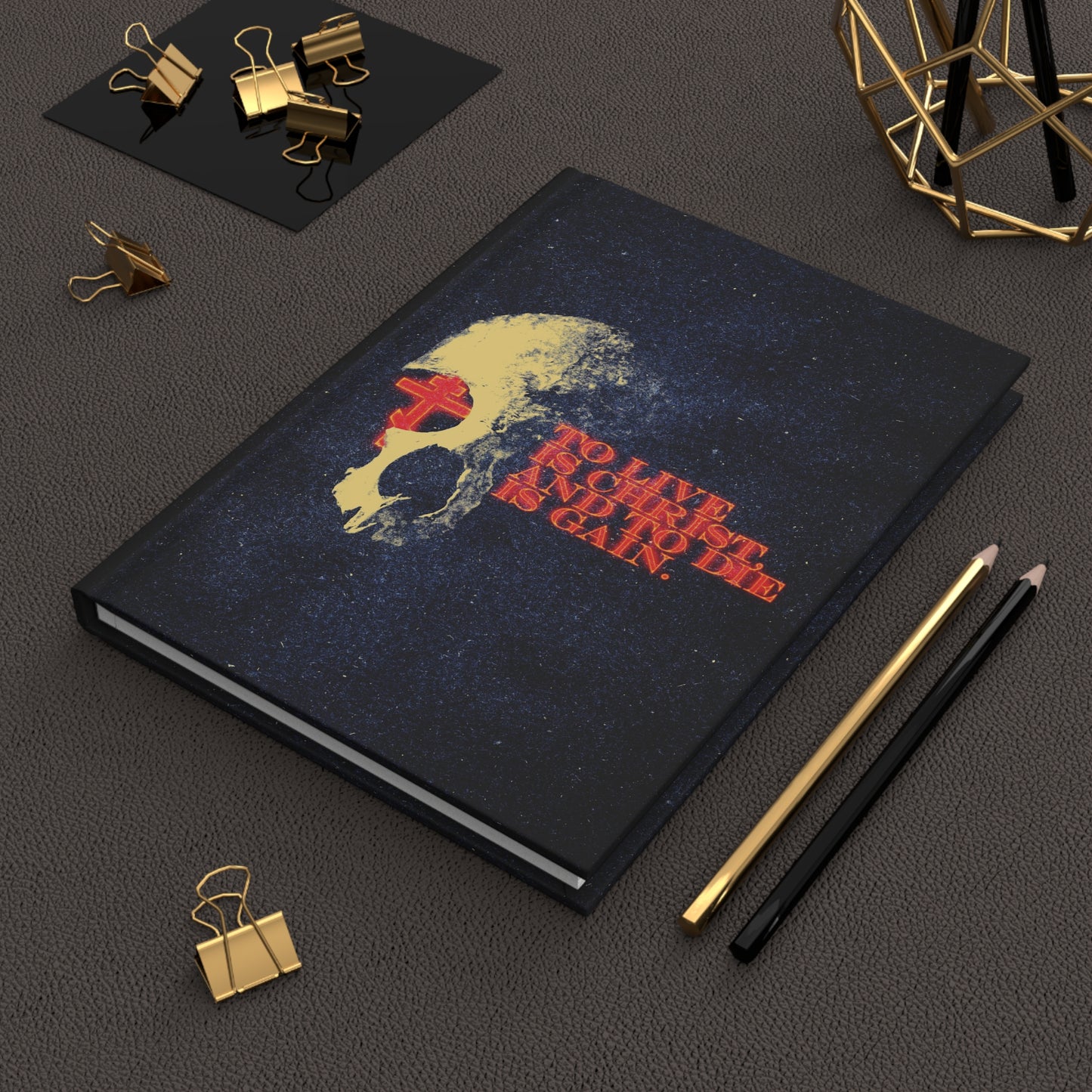To Live is Christ and to Die is Gain | Phil 1:21 | Retro Texture | Glowing Letters and Cross with Skull | Orthodox Christian Hardcover Journal