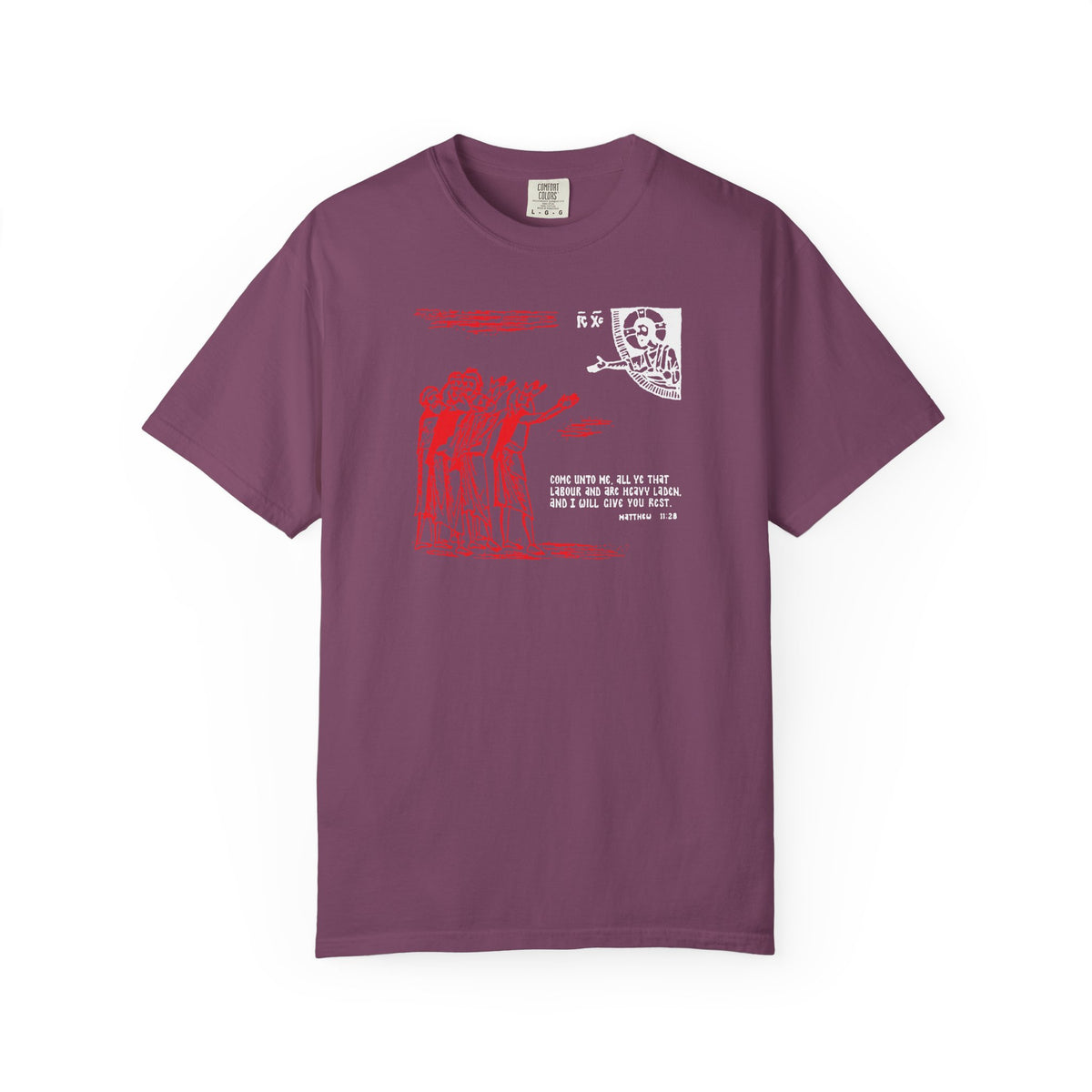 Berry-colored heavyweight cotton unisex tee featuring white and red icono-graphic art—a hand reaching out—and the text “Come Unto Me All Ye That Labour & Are Heavy Laden (Matt. 11:28),” reflecting on our call to become partakers of the Holy Spirit, inspired by Orthodox tradition.