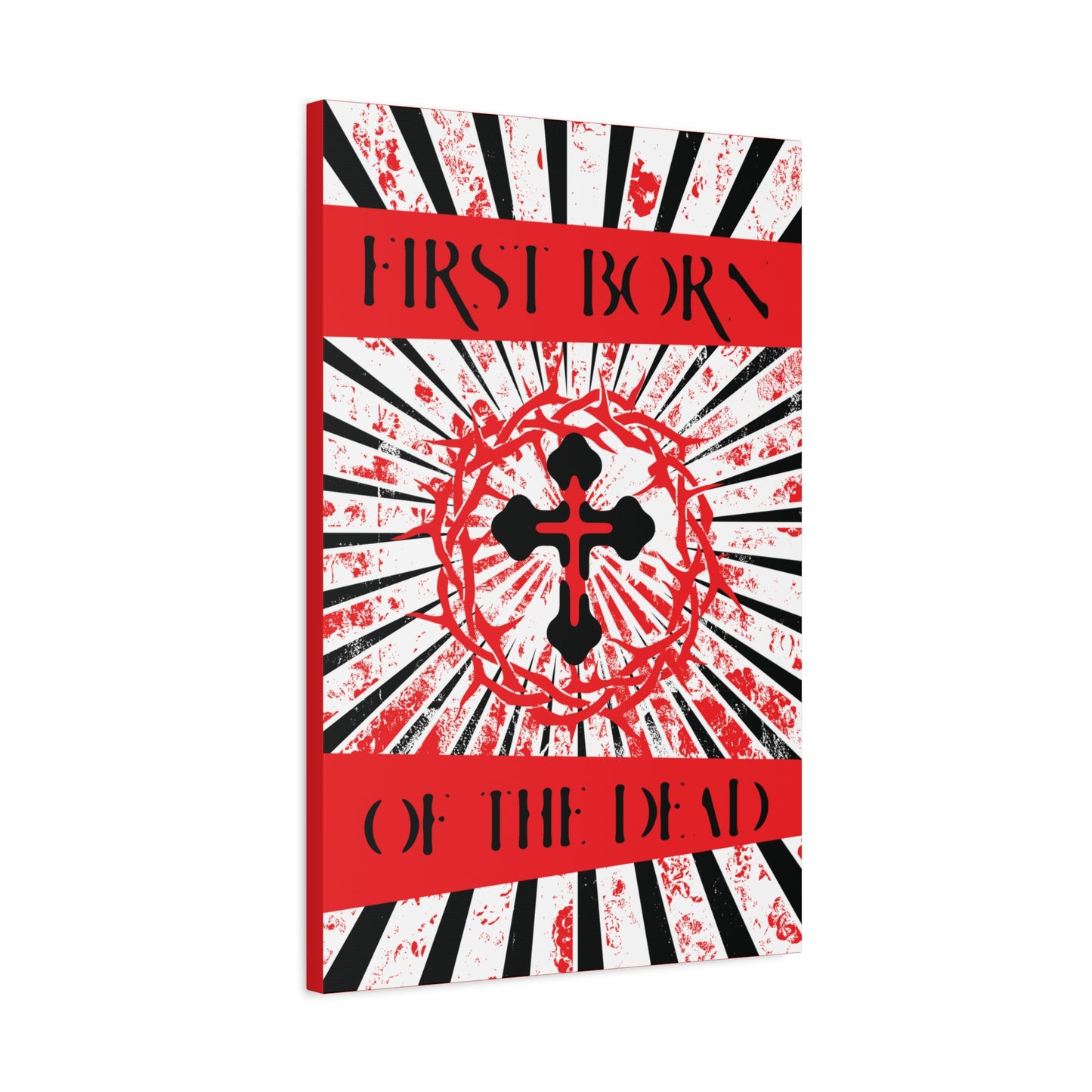 First Born of the Dead | Orthodox Cross and Crown of Thorns | Red White and Black Textured Design with Rays | Orthodox Christian Canvas Art